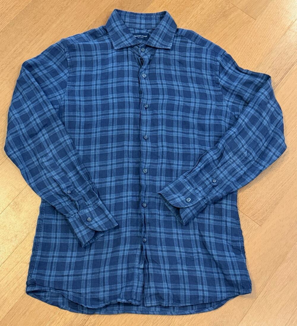 Proper Cloth Custom Shirt Mens Small Blue Striped 100% Linen Button Up EUC